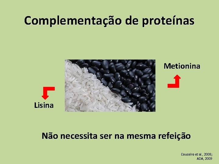 Complementação de proteínas Metionina Lisina Não necessita ser na mesma refeição Couceiro et al.