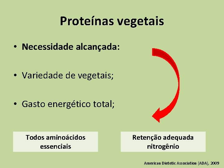 Proteínas vegetais • Necessidade alcançada: • Variedade de vegetais; • Gasto energético total; Todos