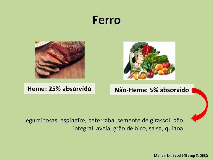Ferro Heme: 25% absorvido Não-Heme: 5% absorvido Leguminosas, espinafre, beterraba, semente de girassol, pão
