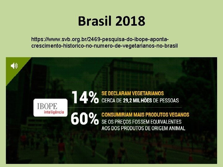 Brasil 2018 https: //www. svb. org. br/2469 -pesquisa-do-ibope-apontacrescimento-historico-no-numero-de-vegetarianos-no-brasil 