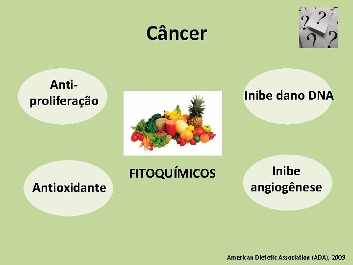 Câncer Antiproliferação Antioxidante Inibe dano DNA FITOQUÍMICOS Inibe angiogênese American Dietetic Association (ADA), 2009