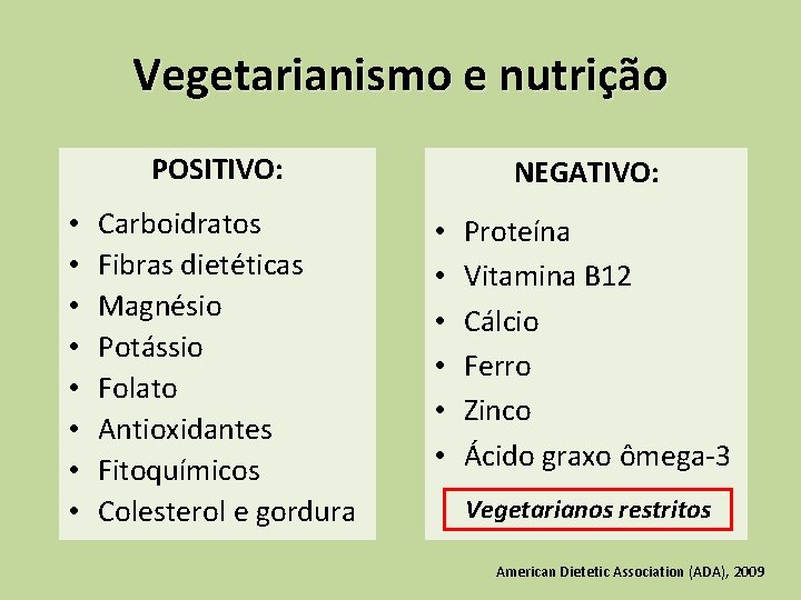 Vegetarianismo e nutrição POSITIVO: • • Carboidratos Fibras dietéticas Magnésio Potássio Folato Antioxidantes Fitoquímicos