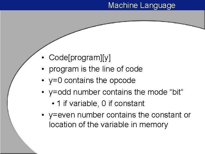 Machine Language • • Code[program][y] program is the line of code y=0 contains the