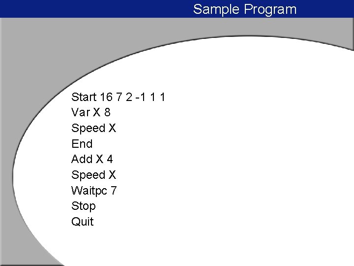 Sample Program Start 16 7 2 -1 1 1 Var X 8 Speed X