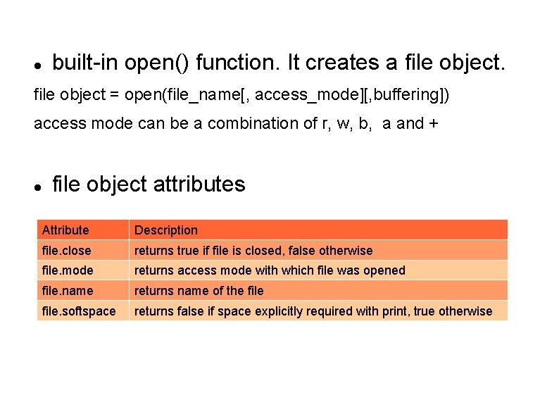  built-in open() function. It creates a file object = open(file_name[, access_mode][, buffering]) access