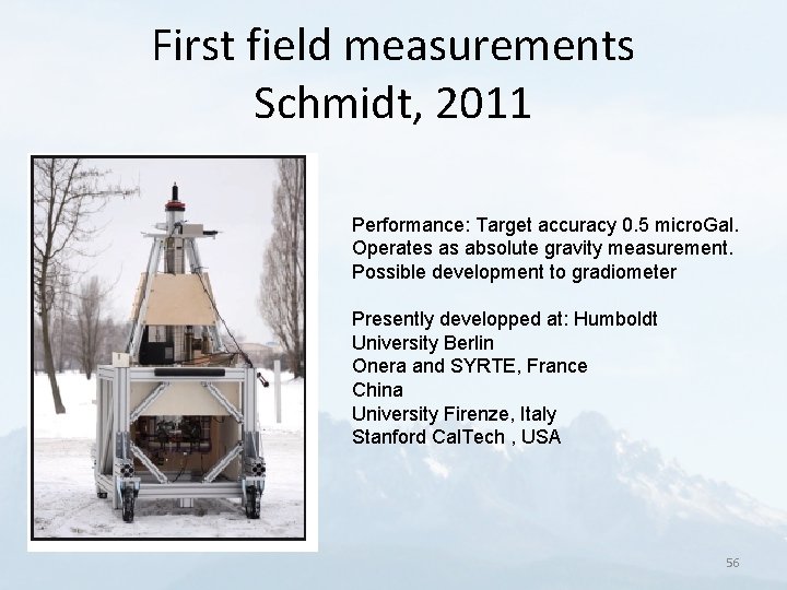 First field measurements Schmidt, 2011 Performance: Target accuracy 0. 5 micro. Gal. Operates as