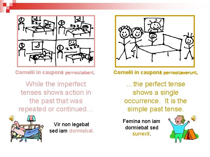 Cornelii in cauponā pernoctabant. Cornelii in cauponā pernoctaverunt. While the imperfect tenses shows action