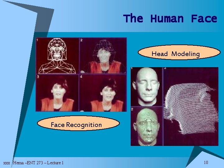 The Human Face Head Modeling Face Recognition xxx Hema –ENT 273 – Lecture 1