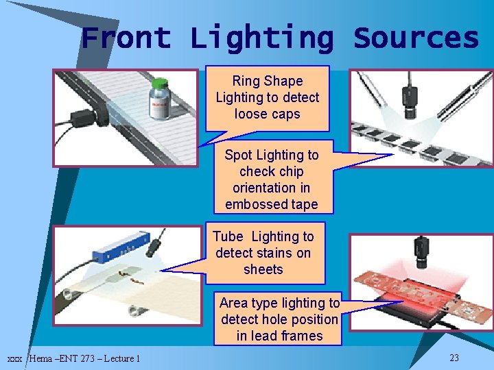 Front Lighting Sources Ring Shape Lighting to detect loose caps Spot Lighting to check