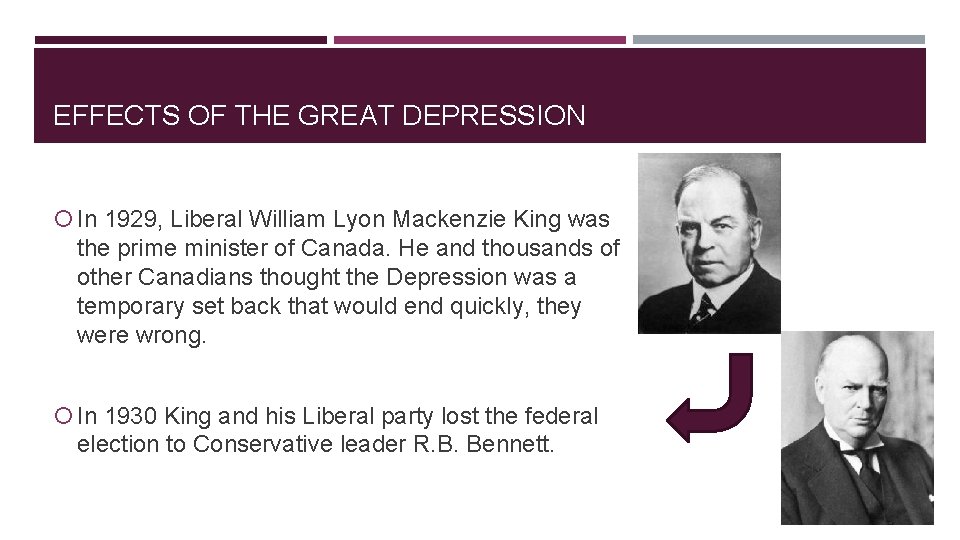 EFFECTS OF THE GREAT DEPRESSION In 1929, Liberal William Lyon Mackenzie King was the