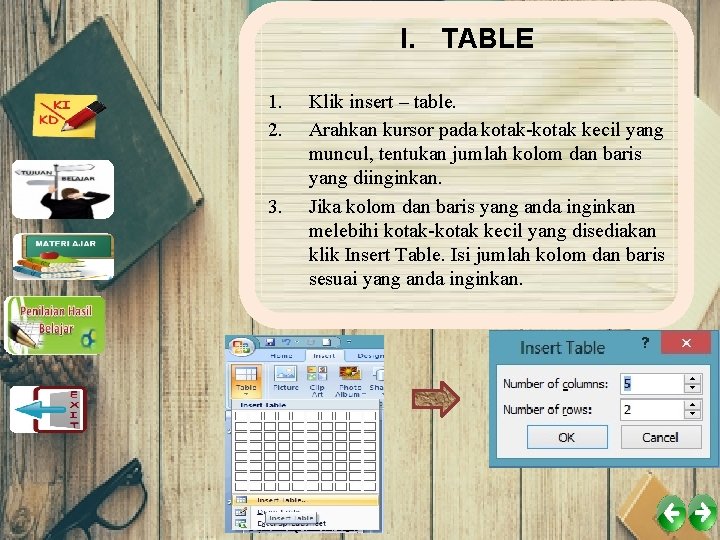 I. TABLE 1. 2. 3. Klik insert – table. Arahkan kursor pada kotak-kotak kecil