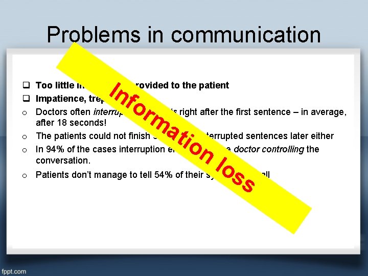 Problems in communication In fo q Too little information provided to the patient q