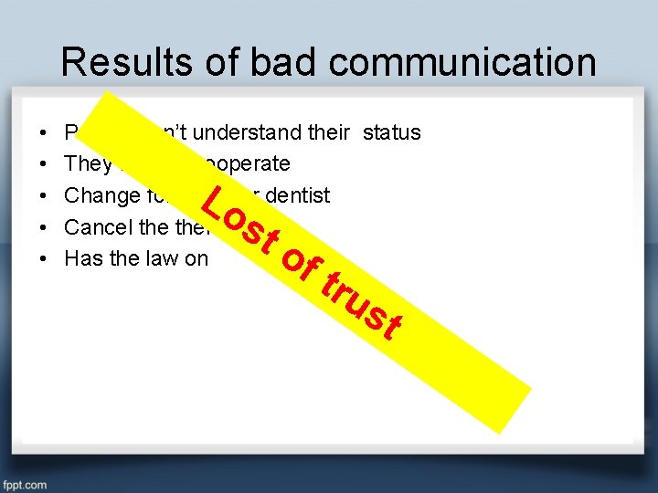 Results of bad communication • • • Patient don’t understand their status They are