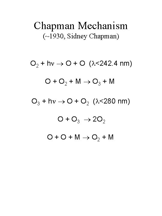 Chapman Mechanism (~1930, Sidney Chapman) O 2 + h O + O ( <242.