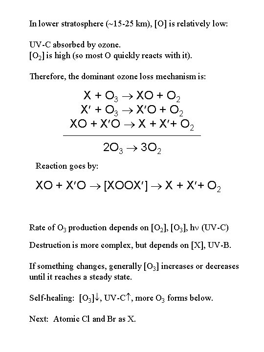 In lower stratosphere (~15 -25 km), [O] is relatively low: UV-C absorbed by ozone.