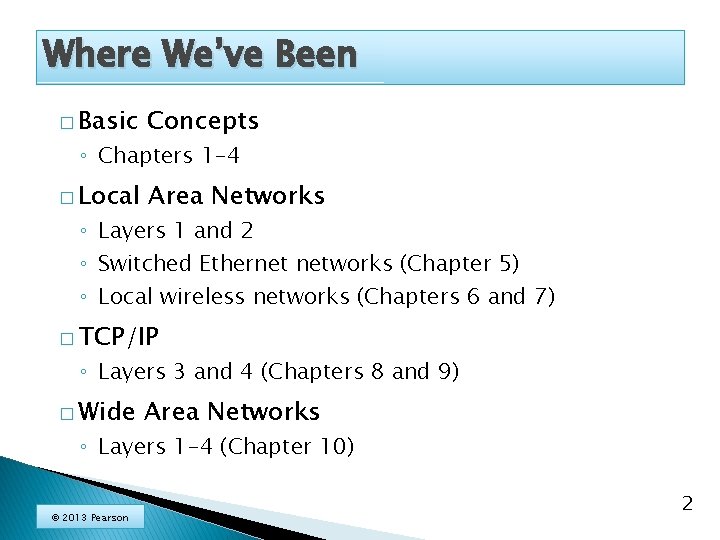 Where We’ve Been � Basic Concepts � Local Area Networks ◦ Chapters 1 -4
