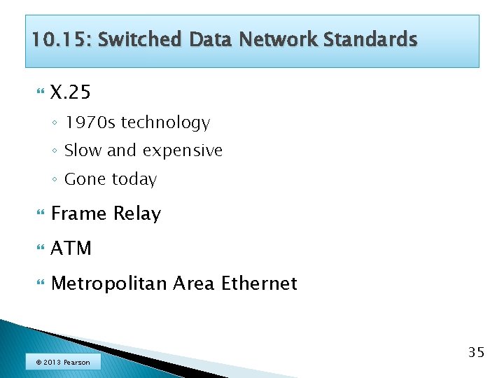 10. 15: Switched Data Network Standards X. 25 ◦ 1970 s technology ◦ Slow