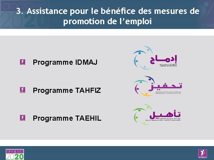 3. Assistance pour le bénéfice des mesures de promotion de l’emploi Programme IDMAJ Programme