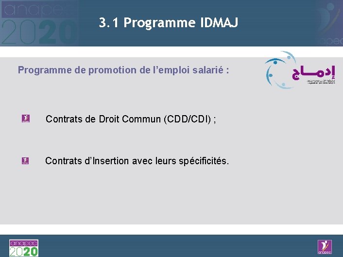 3. 1 Programme IDMAJ Programme de promotion de l’emploi salarié : Contrats de Droit