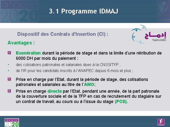 3. 1 Programme IDMAJ Dispositif des Contrats d’Insertion (CI) : Avantages : Exonération durant