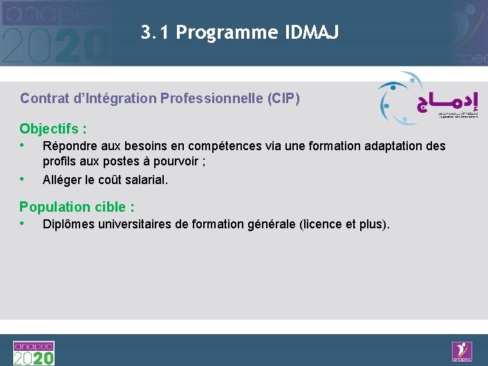 3. 1 Programme IDMAJ Contrat d’Intégration Professionnelle (CIP) Objectifs : • Répondre aux besoins