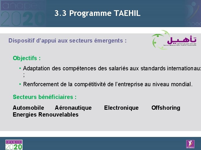 3. 3 Programme TAEHIL Dispositif d’appui aux secteurs émergents : Objectifs : • Adaptation