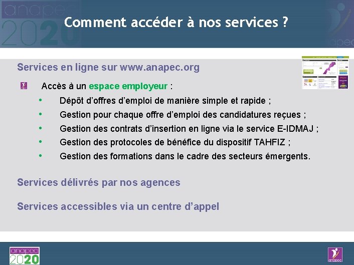 Comment accéder à nos services ? Services en ligne sur www. anapec. org Accès