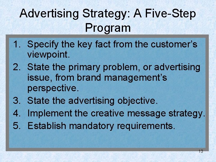 Advertising Strategy: A Five-Step Program 1. Specify the key fact from the customer’s viewpoint.