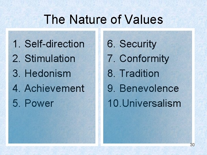 The Nature of Values 1. 2. 3. 4. 5. Self-direction Stimulation Hedonism Achievement Power