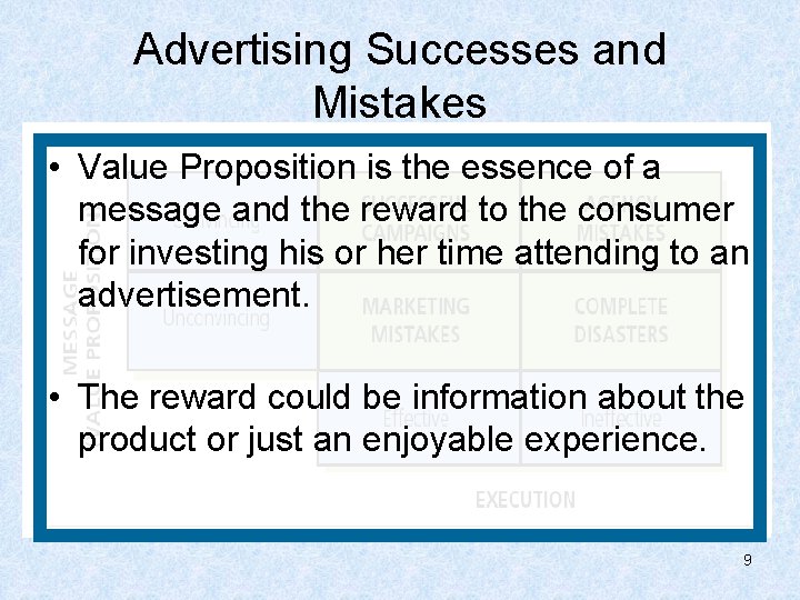 Advertising Successes and Mistakes • Value Proposition is the essence of a message and