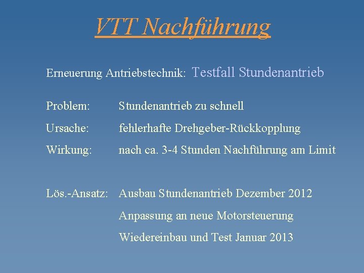 VTT Nachführung Erneuerung Antriebstechnik: Testfall Stundenantrieb Problem: Stundenantrieb zu schnell Ursache: fehlerhafte Drehgeber-Rückkopplung Wirkung: