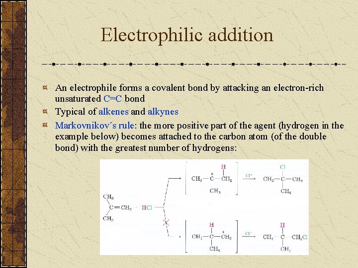 Electrophilic addition An electrophile forms a covalent bond by attacking an electron-rich unsaturated C=C