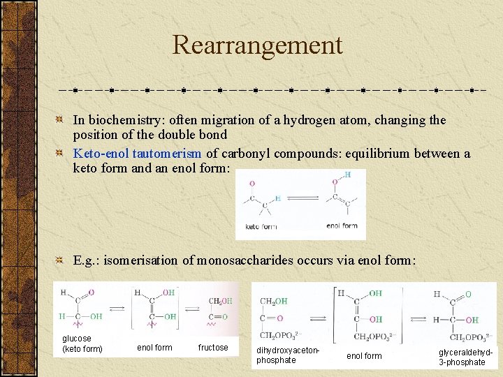 Rearrangement In biochemistry: often migration of a hydrogen atom, changing the position of the