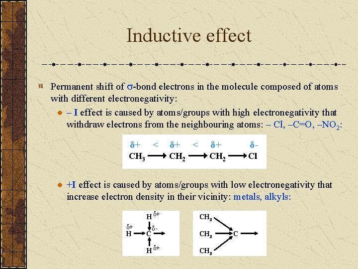 Inductive effect Permanent shift of -bond electrons in the molecule composed of atoms with