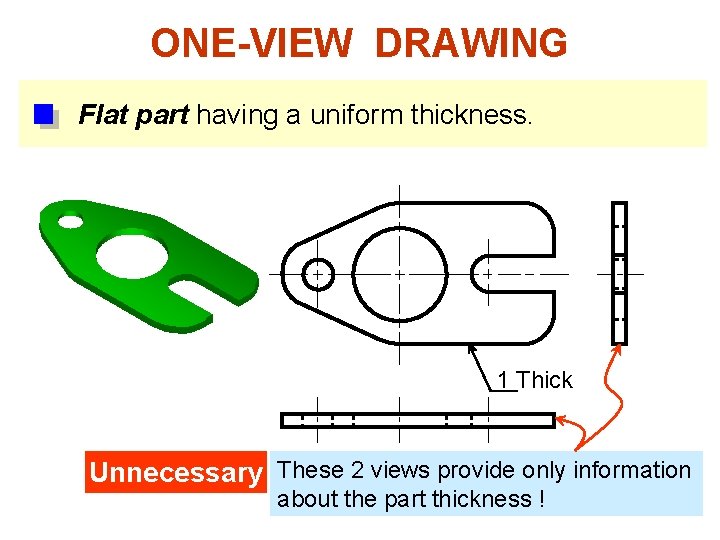 ONE-VIEW DRAWING Flat part having a uniform thickness. 1 Thick Unnecessary These 2 views ONE-VIEW DRAWING Flat part having a uniform thickness. 1 Thick Unnecessary These 2 views