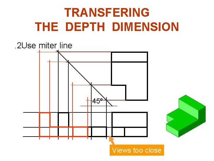 TRANSFERING THE DEPTH DIMENSION. 2 Use miter line 45 Views too close TRANSFERING THE DEPTH DIMENSION. 2 Use miter line 45 Views too close