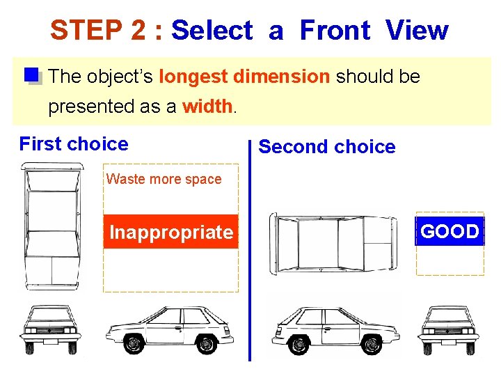 STEP 2 : Select a Front View The object’s longest dimension should be presented