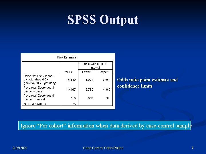 SPSS Output Odds ratio point estimate and confidence limits Ignore “For cohort” information when SPSS Output Odds ratio point estimate and confidence limits Ignore “For cohort” information when