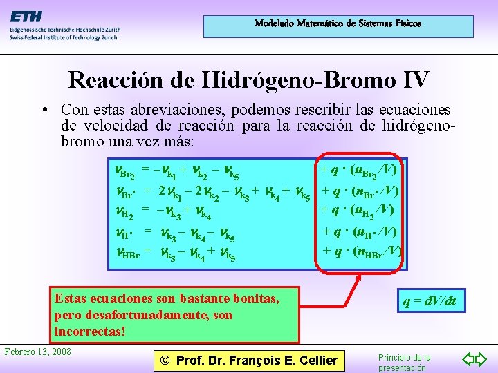 Modelado Matemático de Sistemas Físicos Reacción de Hidrógeno-Bromo IV • Con estas abreviaciones, podemos