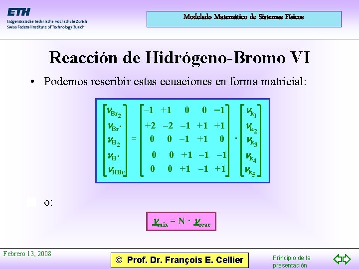 Modelado Matemático de Sistemas Físicos Reacción de Hidrógeno-Bromo VI • Podemos rescribir estas ecuaciones