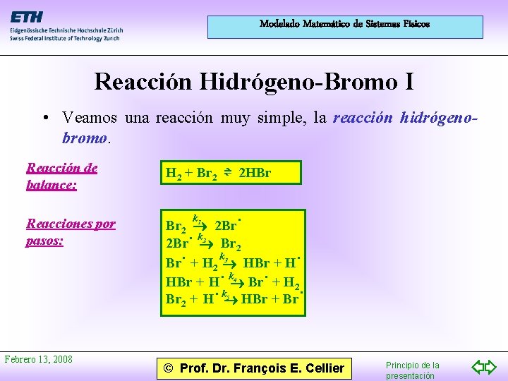 Modelado Matemático de Sistemas Físicos Reacción Hidrógeno-Bromo I • Veamos una reacción muy simple,