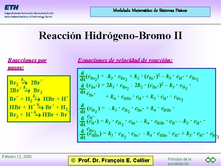 Modelado Matemático de Sistemas Físicos Reacción Hidrógeno-Bromo II Reacciones por pasos: 1 Br 2