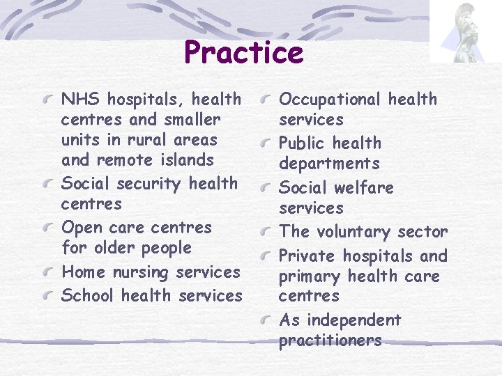 Practice NHS hospitals, health centres and smaller units in rural areas and remote islands