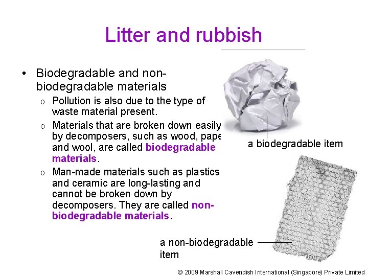 Litter and rubbish • Biodegradable and nonbiodegradable materials Pollution is also due to the