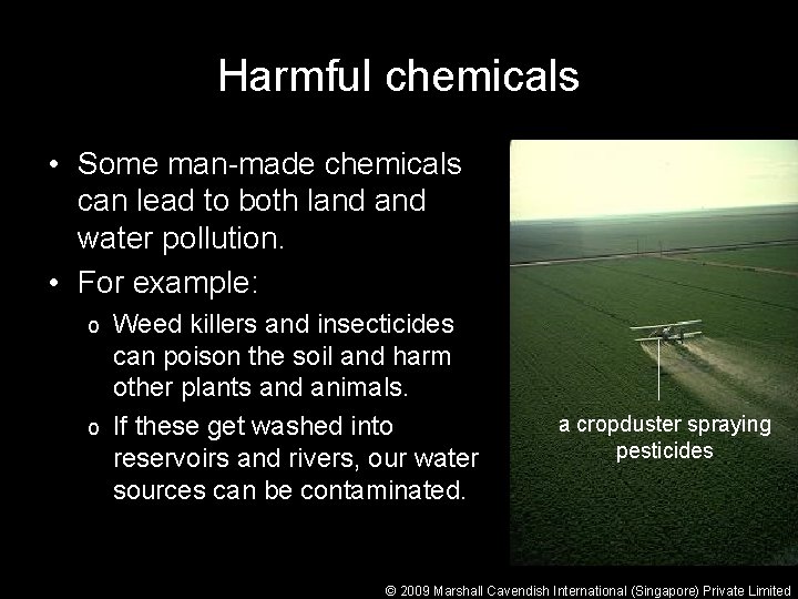 Harmful chemicals • Some man-made chemicals can lead to both land water pollution. •