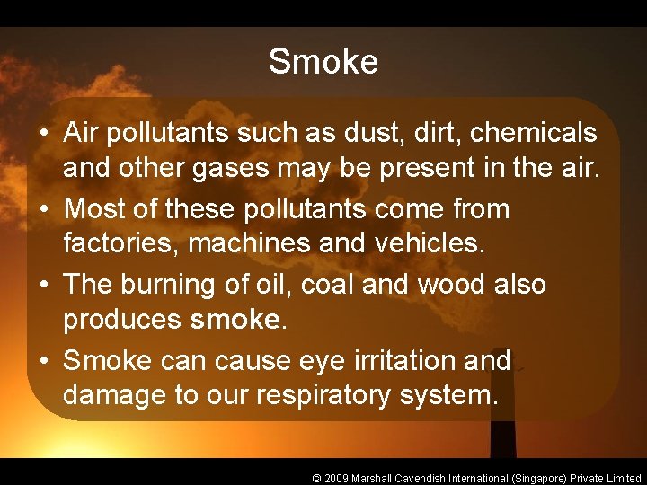 Smoke • Air pollutants such as dust, dirt, chemicals and other gases may be