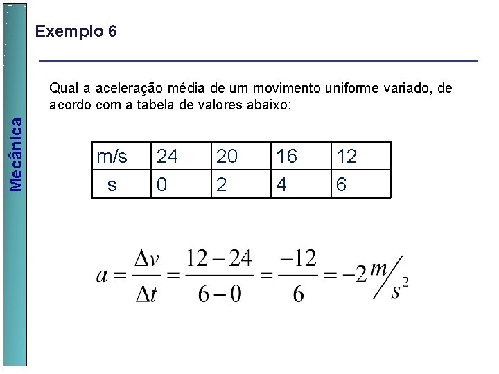 Exemplo 6 Mecânica Qual a aceleração média de um movimento uniforme variado, de acordo