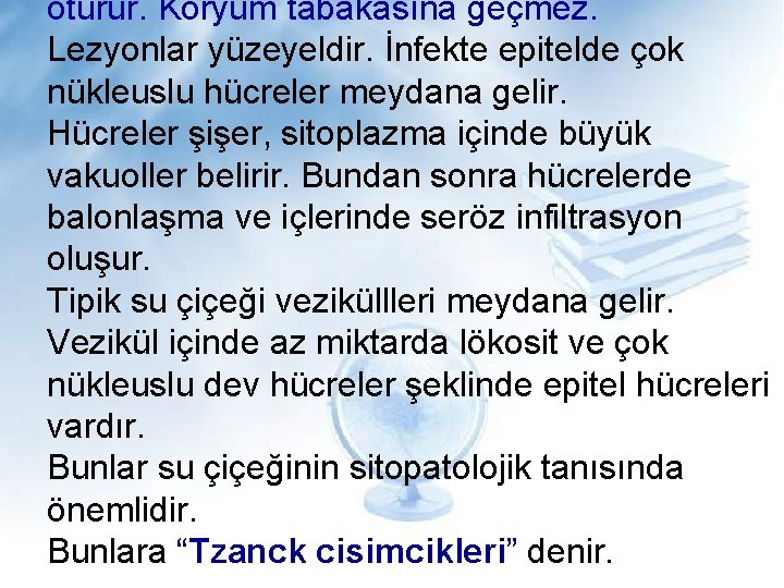 oturur. Koryum tabakasına geçmez. Lezyonlar yüzeyeldir. İnfekte epitelde çok nükleuslu hücreler meydana gelir. Hücreler