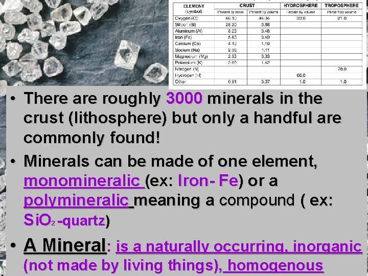 • There are roughly 3000 minerals in the crust (lithosphere) but only a • There are roughly 3000 minerals in the crust (lithosphere) but only a