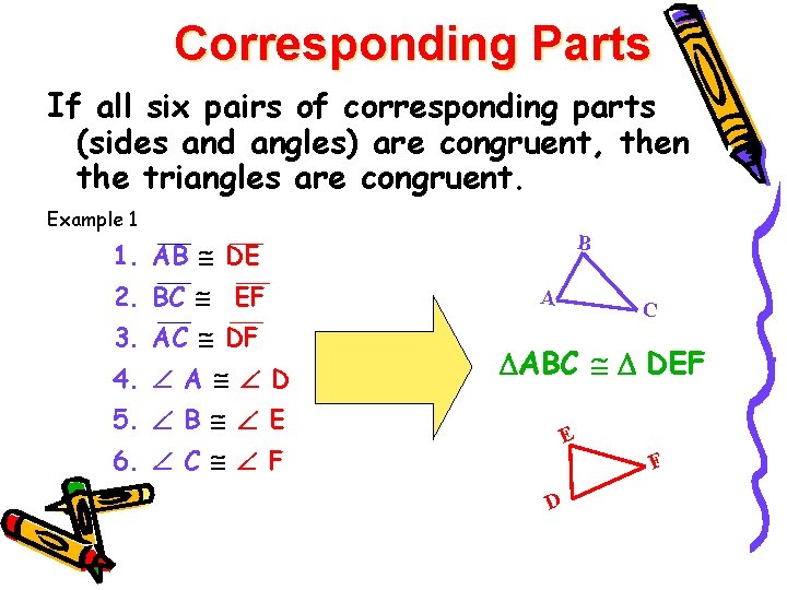 Corresponding Parts If all six pairs of corresponding parts (sides and angles) are congruent,